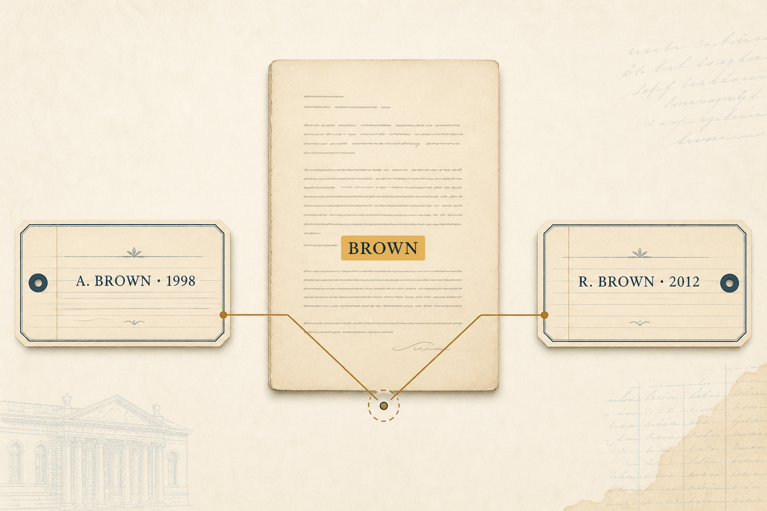A synthetic manuscript occurrence of Brown connected to separate bibliography cards for A. Brown in 1998 and R. Brown in 2012.