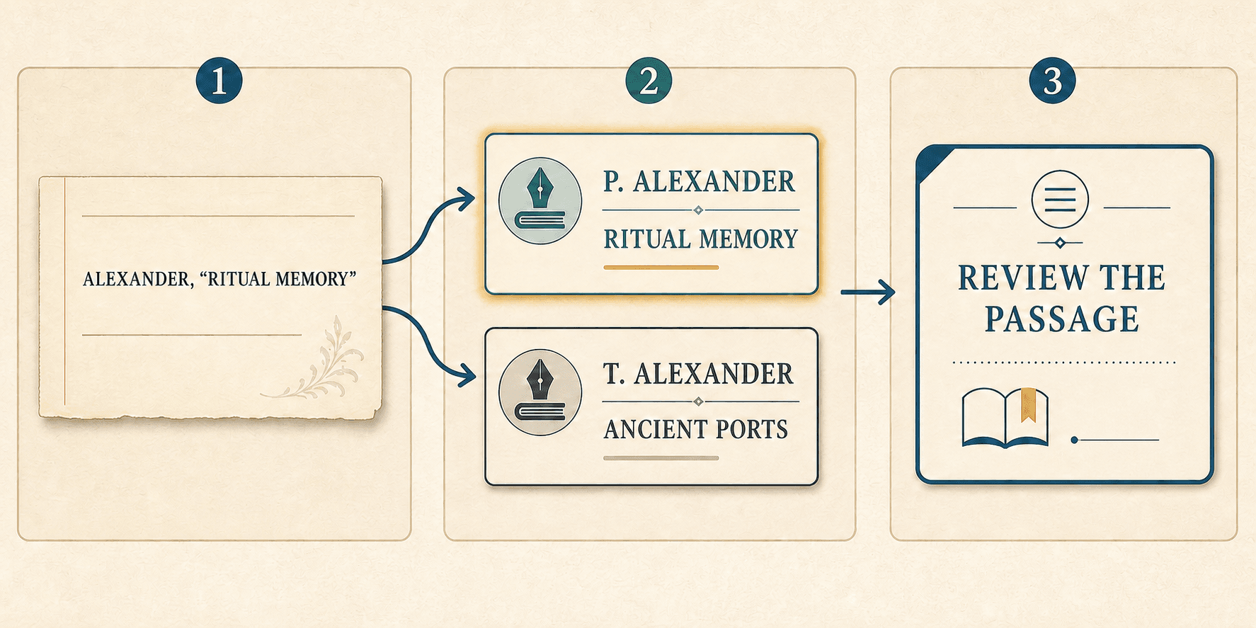 A synthetic short citation to Alexander branches to two contributor records before a final instruction to review the passage.