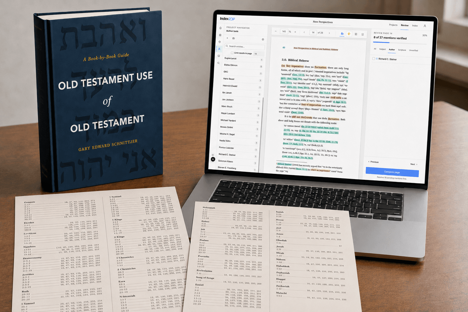 Old Testament Use of Old Testament beside pages from its indexes and a laptop displaying IndexPDF.