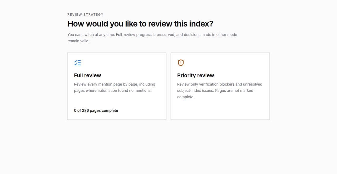 IndexPDF review strategy chooser with Full review and Priority review presented as two selectable options.
