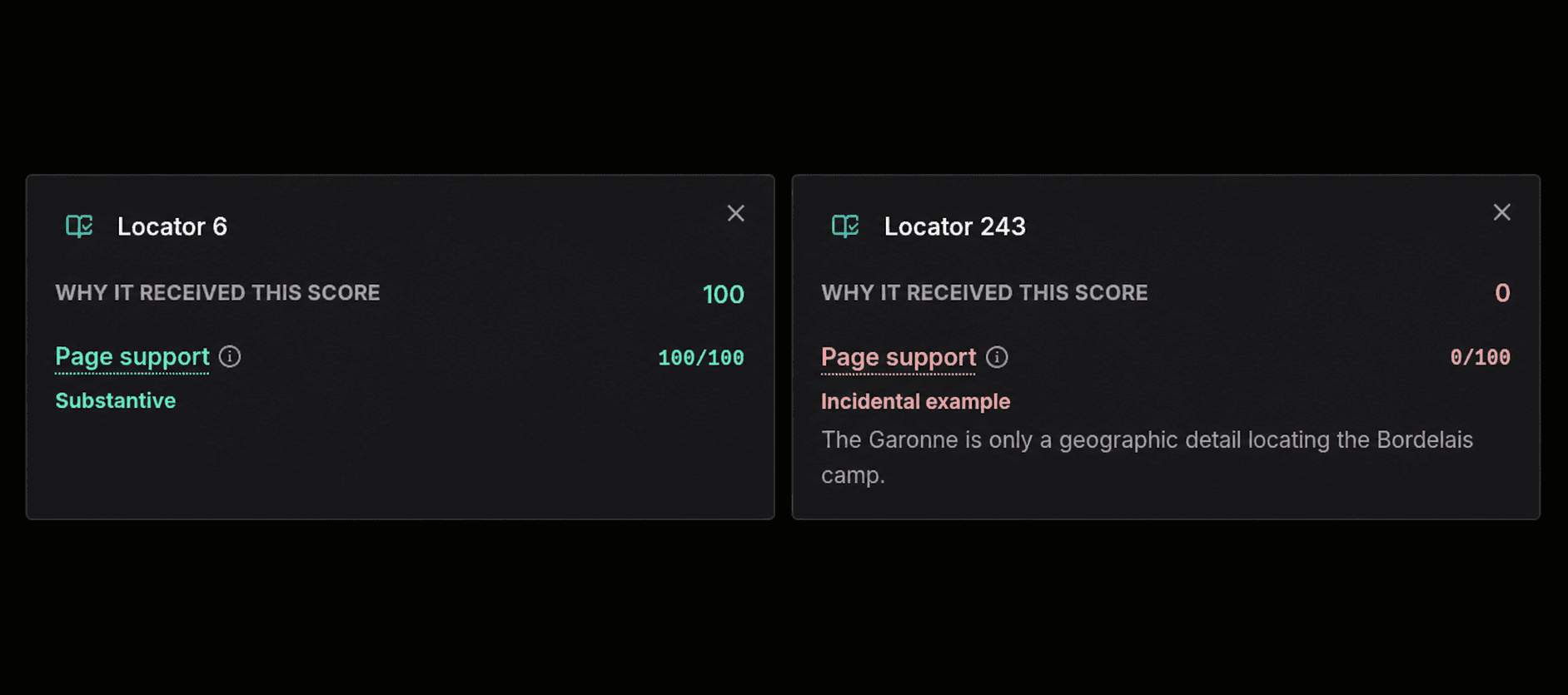 Side-by-side IndexPDF evidence panels score locator 6 as substantive and locator 243 as an incidental example.